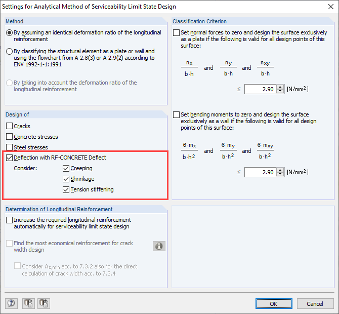 Settings for Analytical Deformation Analysis with RF-CONCRETE Deflect
