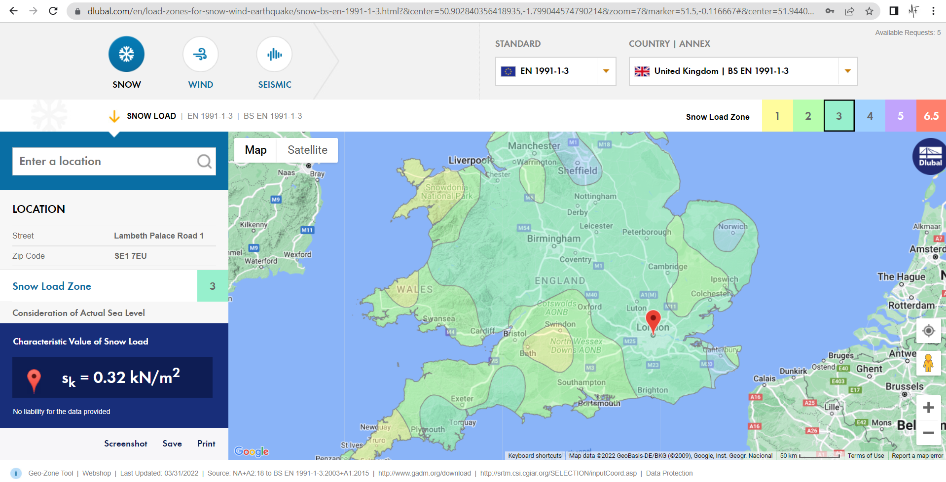 After entering a location, such as a postal code (ZIP) or the name of a town, or after clicking on the corresponding location on the map, you will receive the load value.