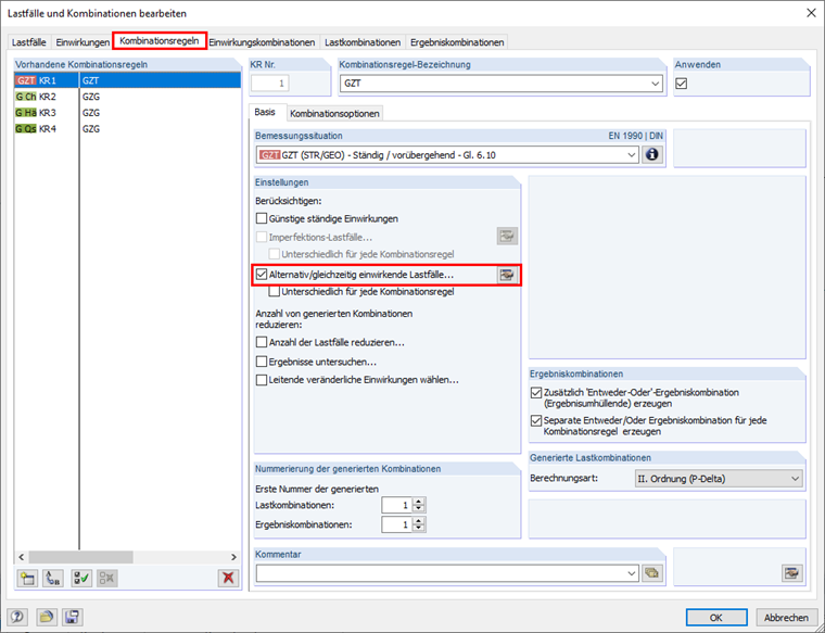 Tab "Combination Expressions" for EN 1990