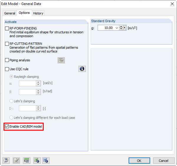 Activating Option to Enable CAD/BIM Model in Model - General Data