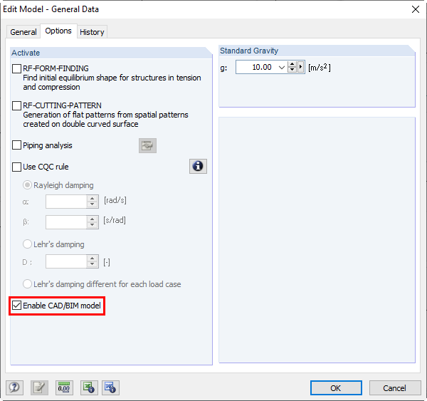 Activating Option to Enable CAD/BIM Model in Model - General Data