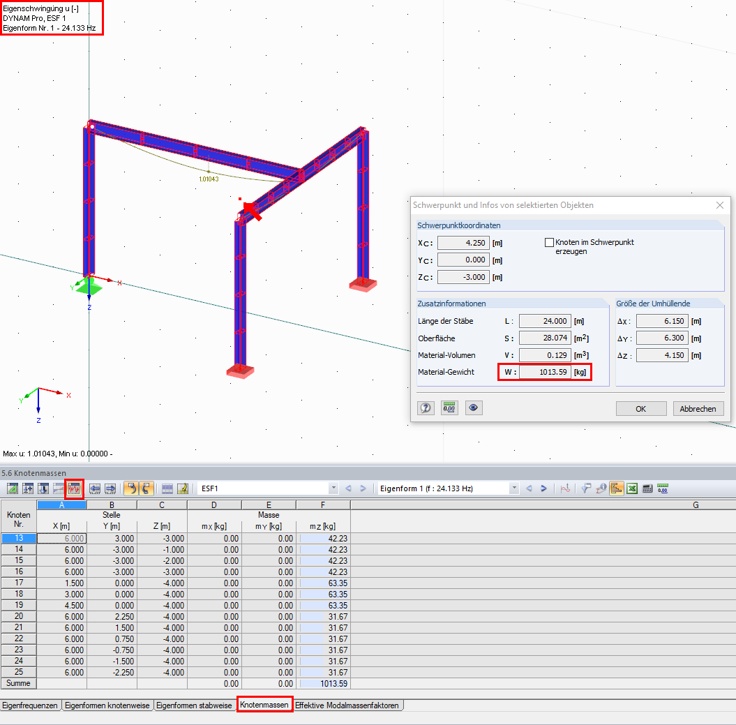 Nodal Masses in Result Tables of DYNAM Pro