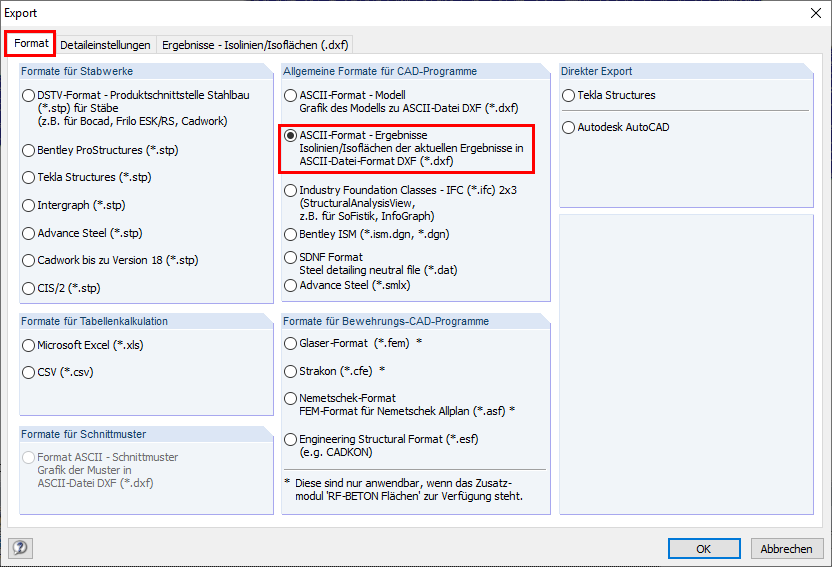 Export Dialog Box with Setting of Export Format