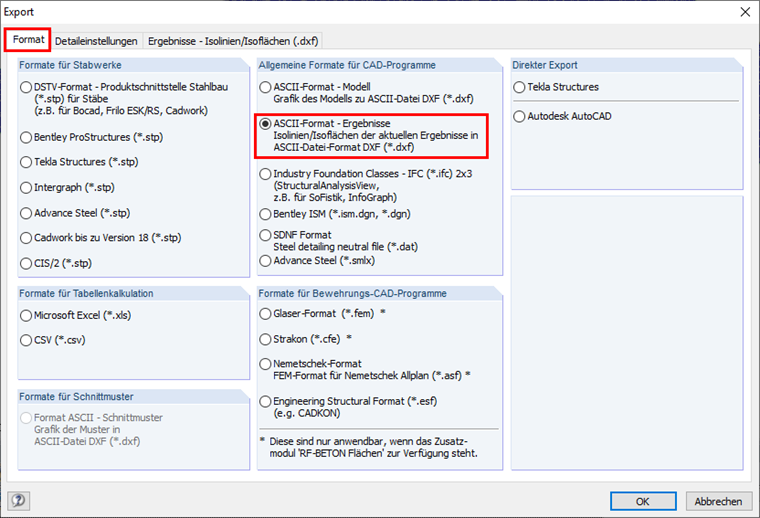 Export Dialog Box with Setting of Export Format