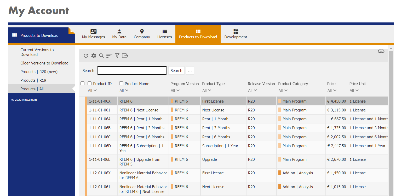 Product Downloads in Dlubal Account