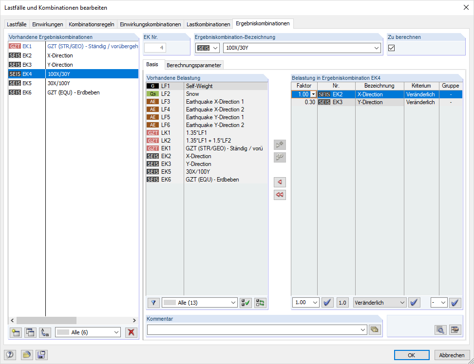 Manual Generation of Combinations for Seismic Loads