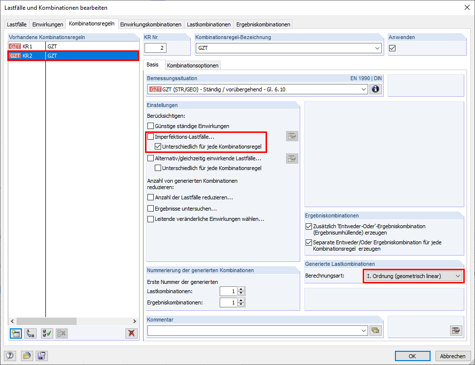 Additional Combination Expression for Load Combinations According to Geometrically Linear Analysis