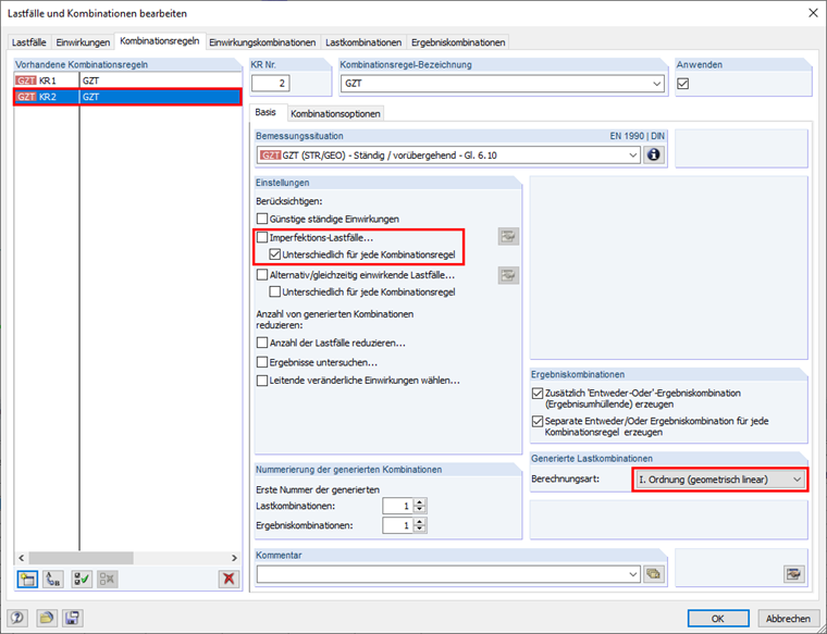 Additional Combination Expression for Load Combinations According to Geometrically Linear Analysis