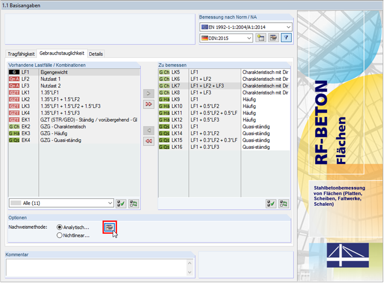 Serviceability Limit State Tab in Window 1.1 General Data in RF-CONCRETE Surfaces