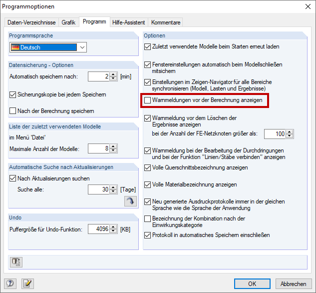 Program Options: Do not Display Warning Messages Before Calculation