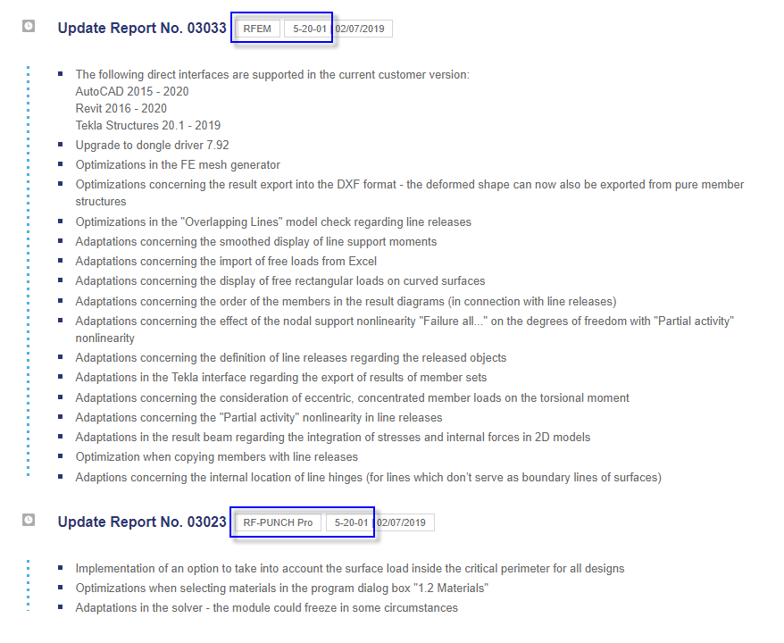 Example of Update Report for RFEM and RF-PUNCH Pro