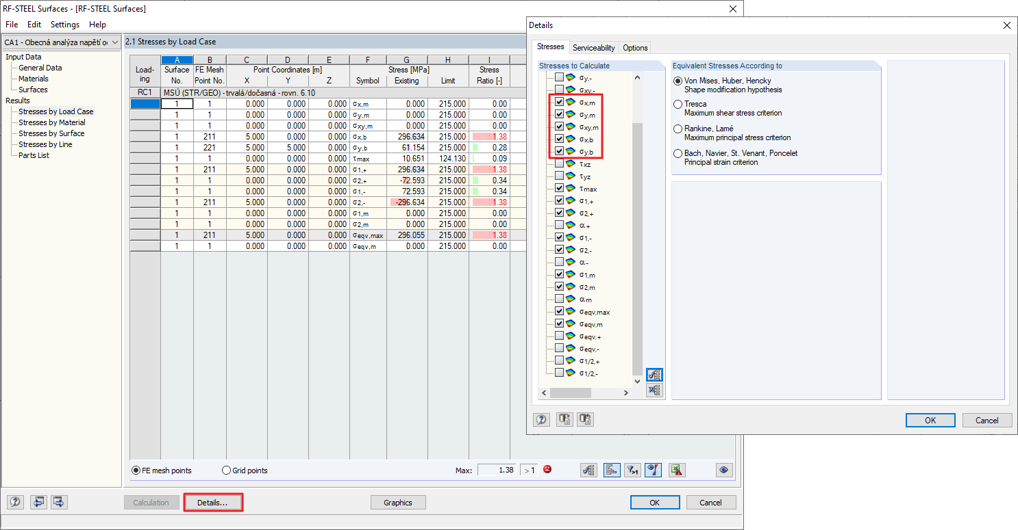 Membrane, bending, and other stresses can be displayed using the Details button in RF‑STEEL Surfaces.