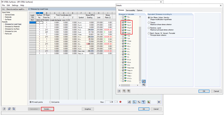 Membrane, bending, and other stresses can be displayed using the Details button in RF‑STEEL Surfaces.