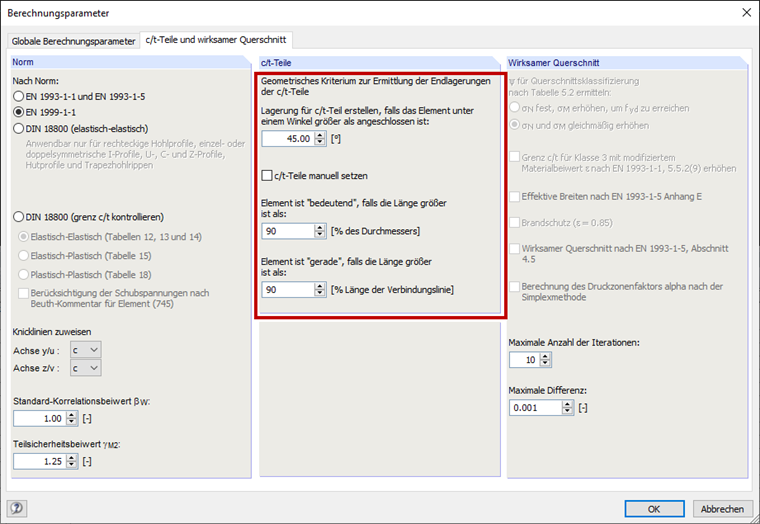 Dialog Box "Calculation Parameters", Tab "c/t-Parts and Effective Cross-Section"