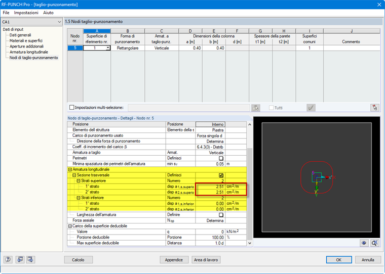 Longitudinal Reinforcement in Window 1.5 Nodes of Punching Shear