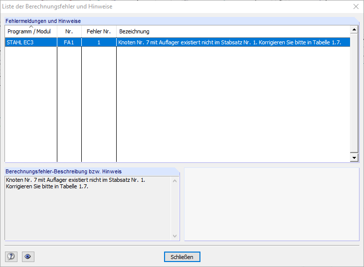 List of Calculation Errors and Messages