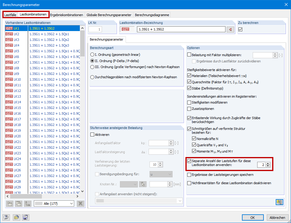 Separate Number of Load Increments for Specific Load Combinations