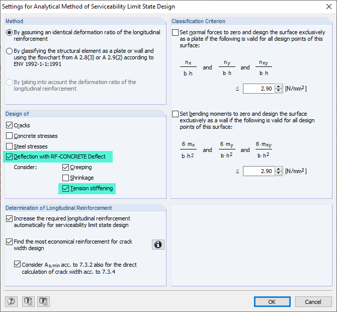 Dialog Box with Settings for Analytical Calculation of Serviceability Limit State