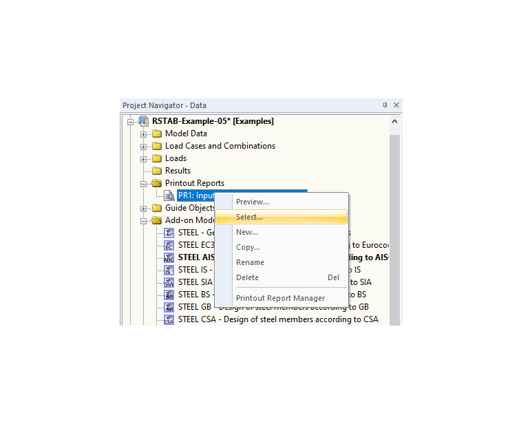 Dialog Box "Printout Report Selection", Tab "Global Selection"