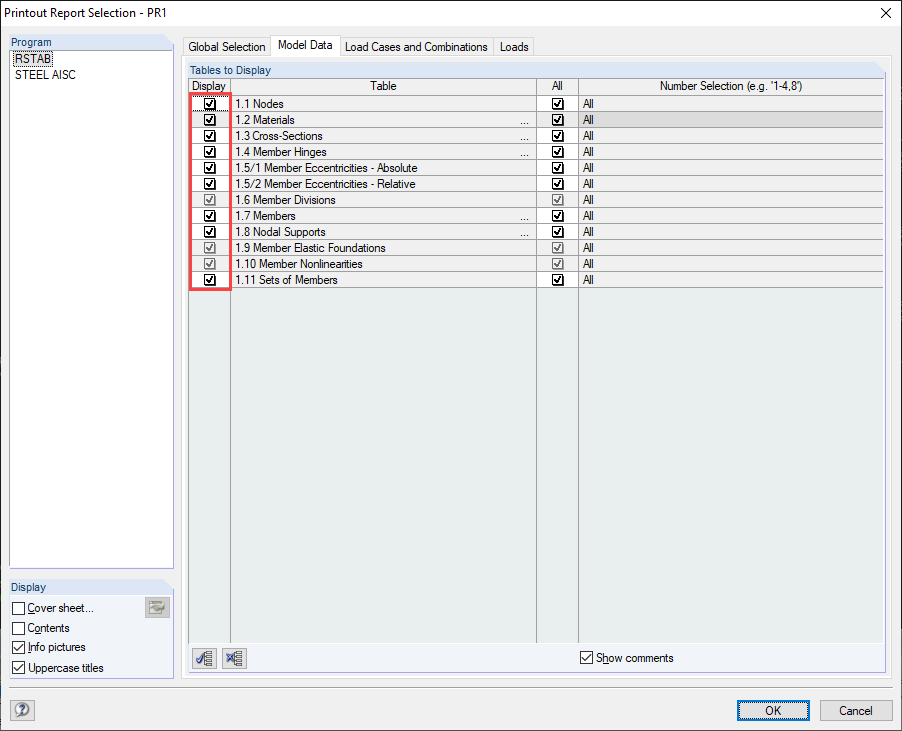 Dialog Box "Printout Report Selection", Tab "Model Data"