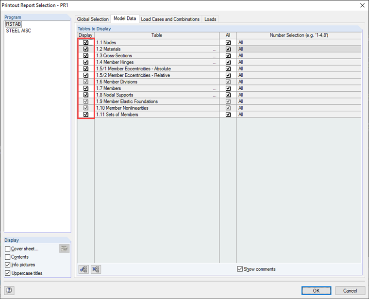 Dialog Box "Printout Report Selection", Tab "Model Data"