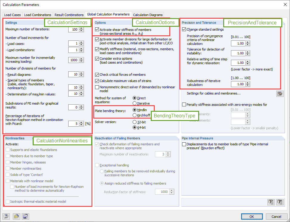 Selected Options for Modifying Calculation Parameters via COM Interface