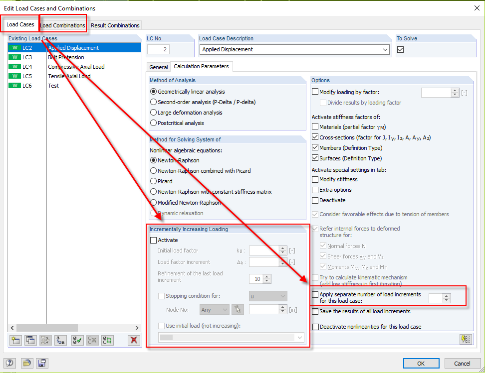 Load Cases and Combinations - Calculation Parameters