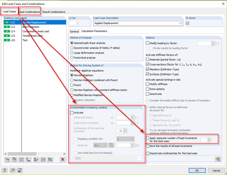 Load Cases and Combinations - Calculation Parameters