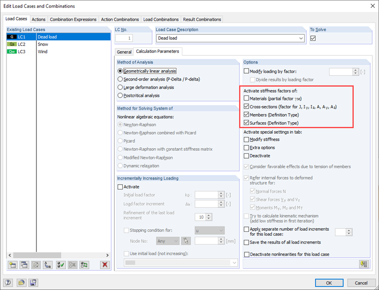 Default Setting for Load Cases