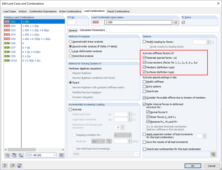 Default Setting for Load Combinations