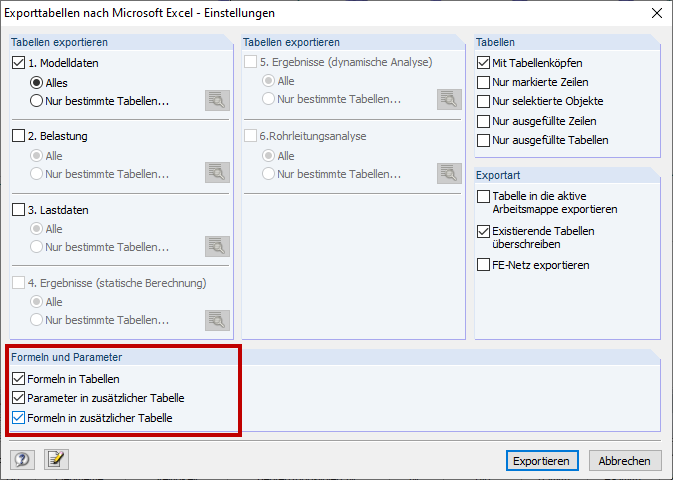 Exporting Tables to Microsoft Excel - Settings