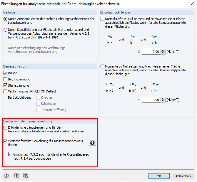 Settings for Analytical Method of Serviceability Limit State Design in RF-CONCRETE Surfaces