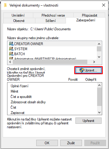 In the Security tab of Properties, you can define full access for a user group or a selected user by clicking the Edit button.