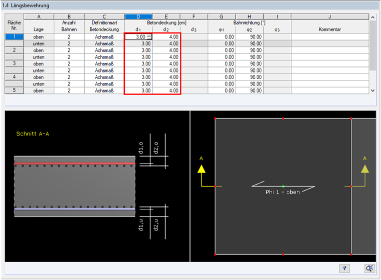Window "1.4 Longitudinal Reinforcement" with Setting of Concrete Cover