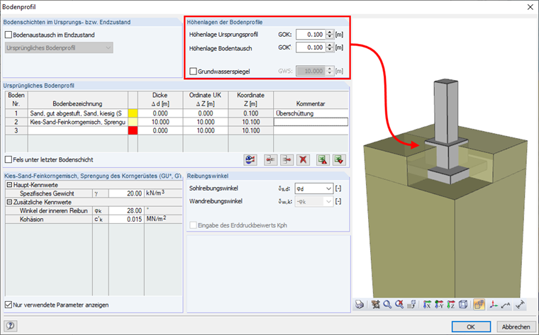 Dialog Box "Soil Profile" with Definition of Soil Profile Elevation