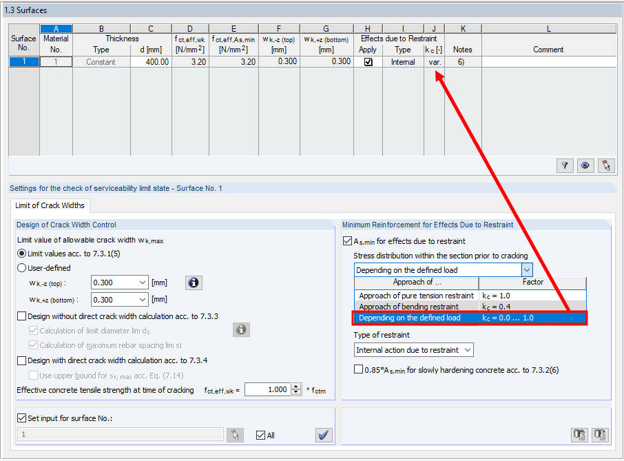 Input Window "1.3 Surfaces" with Setting for "Limit of Crack Widths"