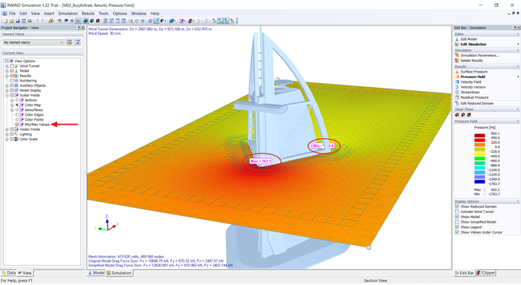 Max/Min Results in Pressure Field Plot