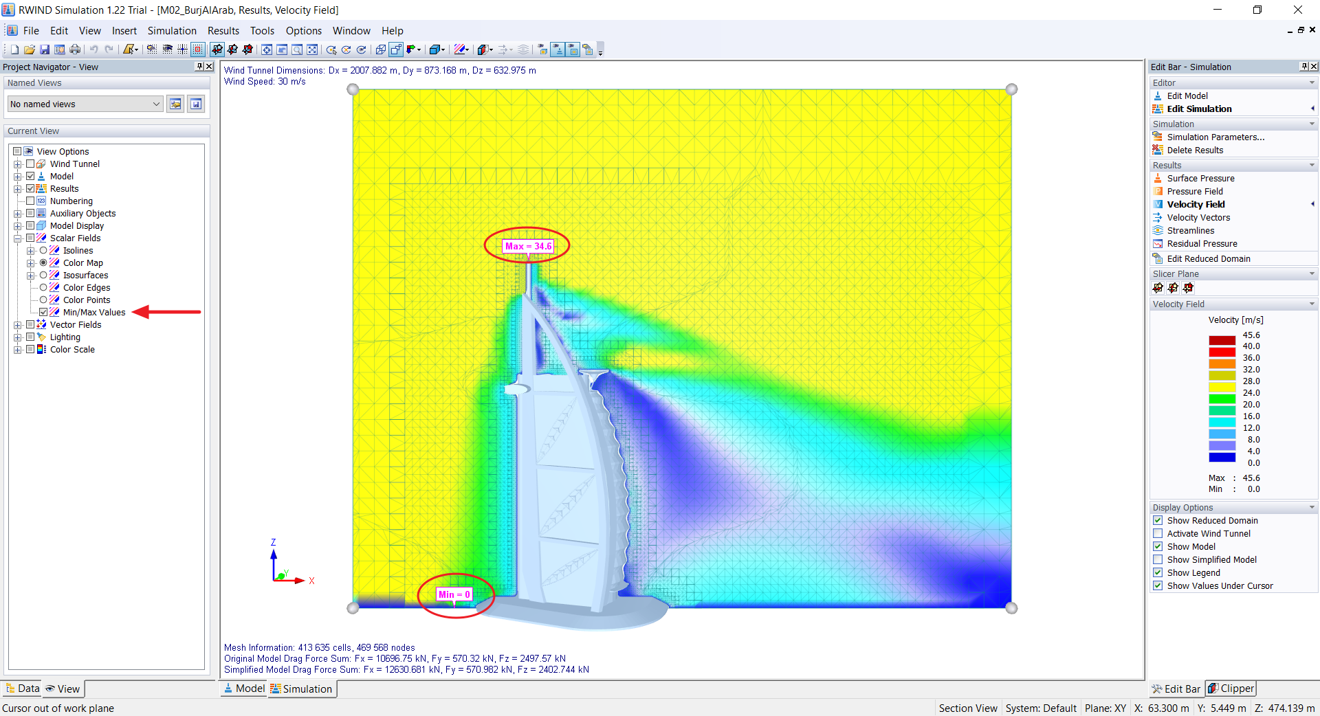 Max/Min Results in Velocity Field Plot