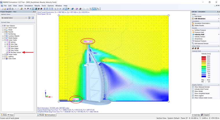 Max/Min Results in Velocity Field Plot