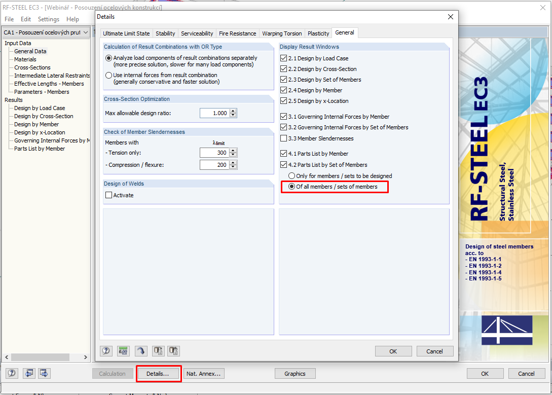 Settings of Parts List for All or only Members to be Designed