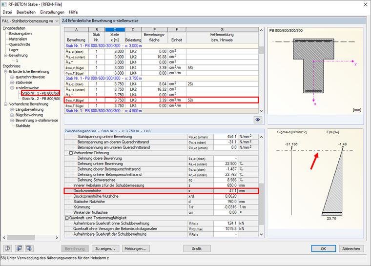 Depth and Position of Neutral Axis in Window "2.4 Required Reinforcement by x-Location"