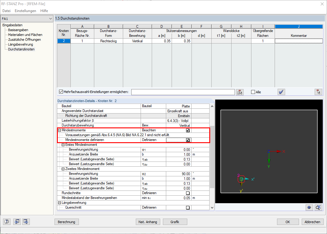 Window "1.5 Node of Punching Shear" - Minimum Bending Moments - Condition not Fulfilled