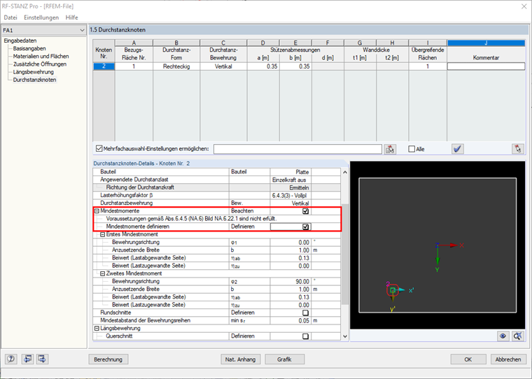 Window "1.5 Node of Punching Shear" - Minimum Bending Moments - Condition not Fulfilled
