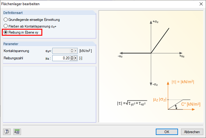 Selecting Option "Friction in Plane xy" with Definition of Friction Coefficient