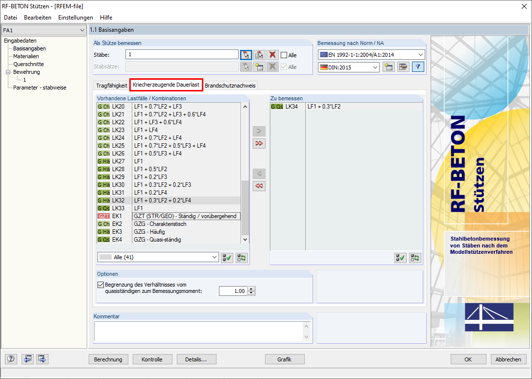 Window "1.1 General Data" with Tab "Creep-Producing Permanent Load"