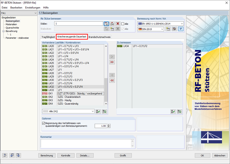 Window "1.1 General Data" with Tab "Creep-Producing Permanent Load"