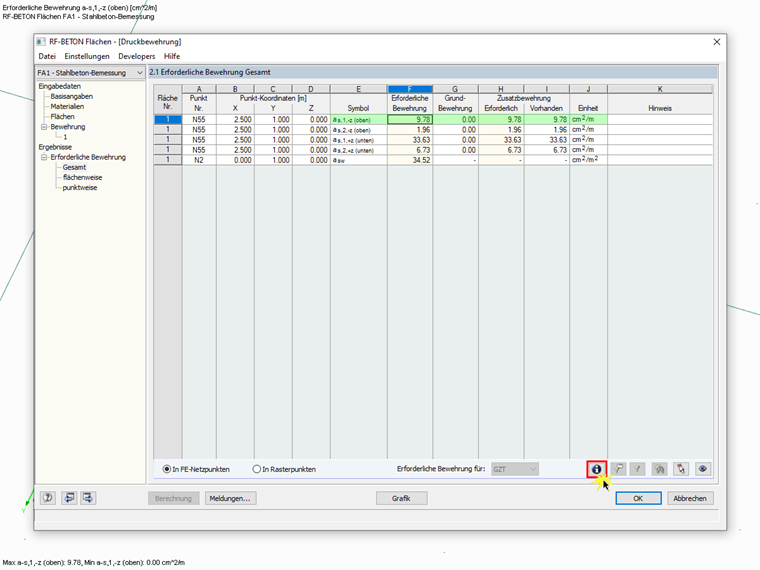 Result Window 2.1 in RF-CONCRETE Surfaces with Calculated Reinforcement Surfaces in [cm²/m]