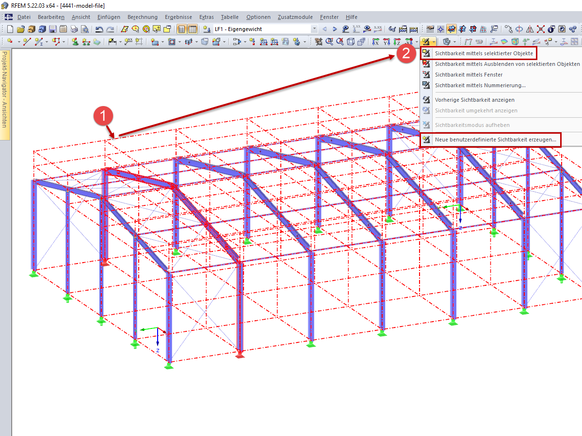 Selecting Objects Including Line Grid (1) and Setting Visibility (2)