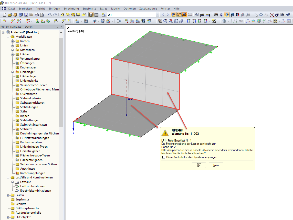 Warning "The projection plane of the load is perpendicular to the surface"
