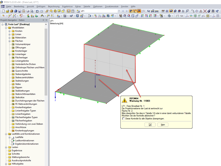 Warning "The projection plane of the load is perpendicular to the surface"